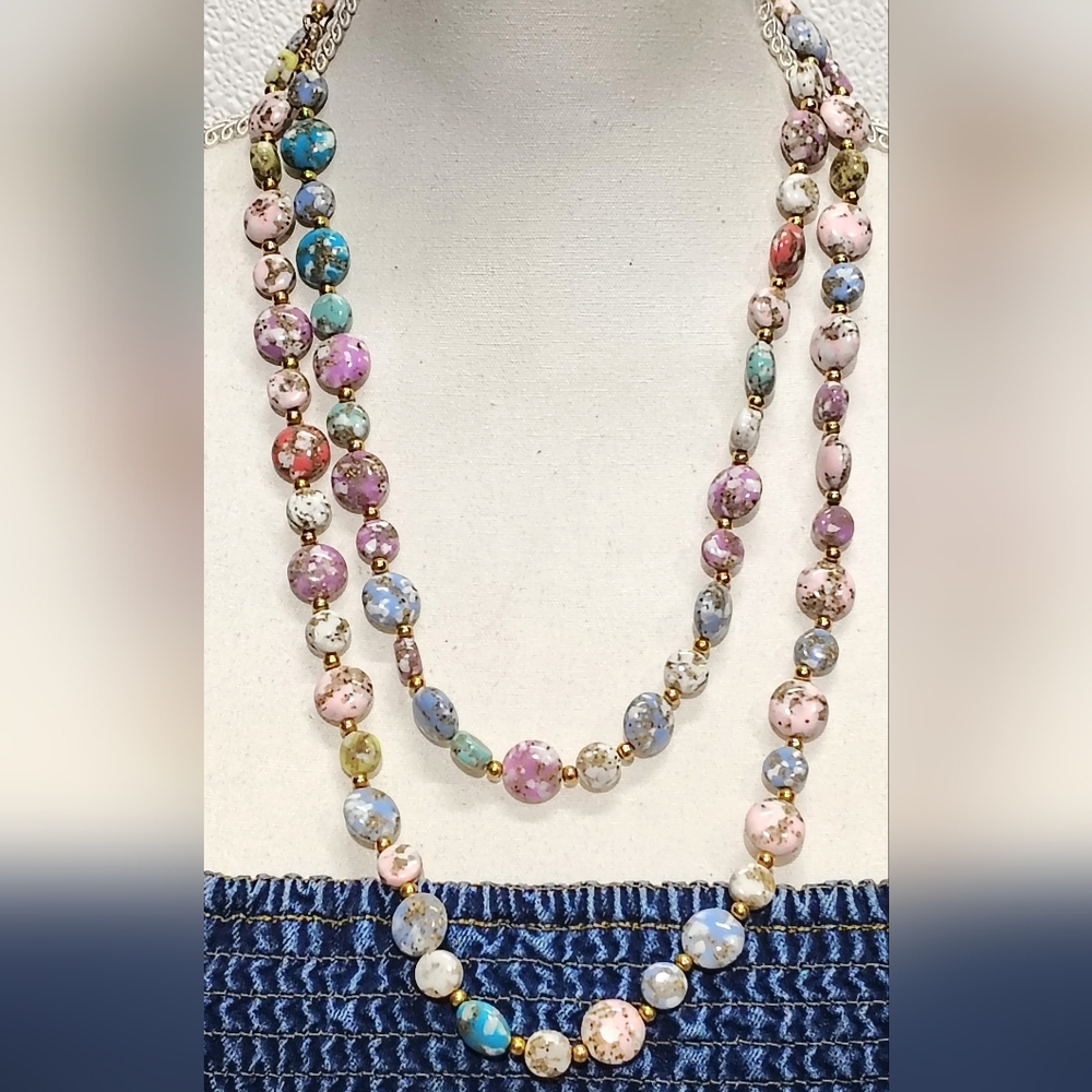 Multi-Color Pastel Beaded Vintage Necklace - Pastel Floral Beads